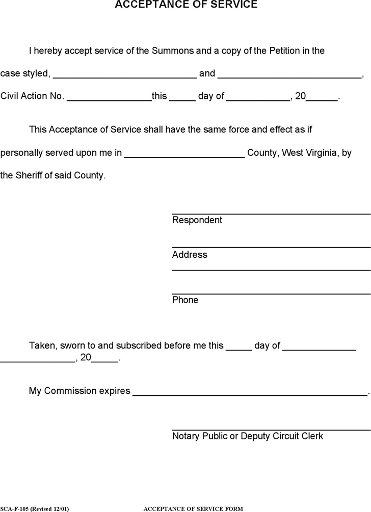 West Virginia Acceptance of Service Form