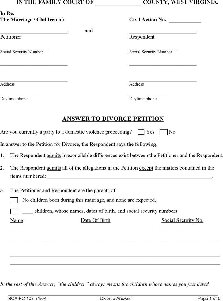 West Virginia Answer to Divorce Petition Form
