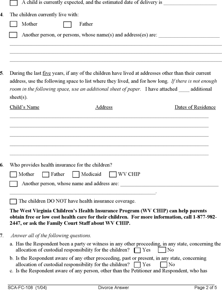 West Virginia Answer to Divorce Petition Form Page 2