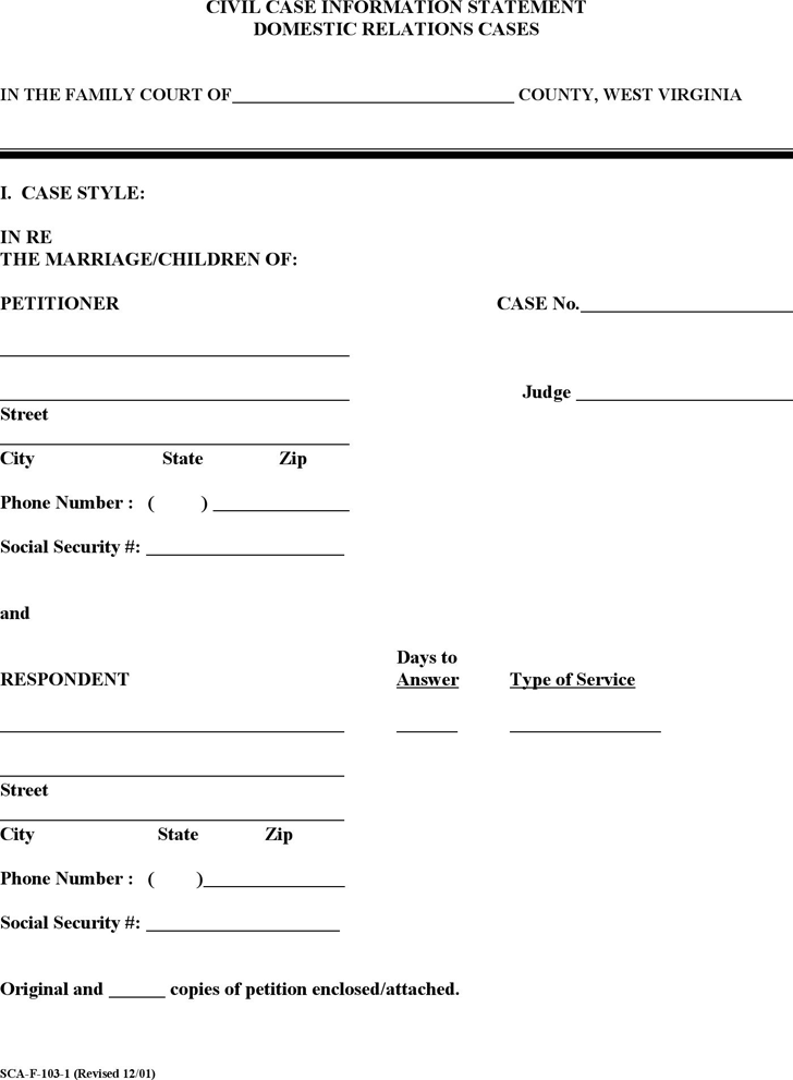 West Virginia Civil Case Information Statement Form