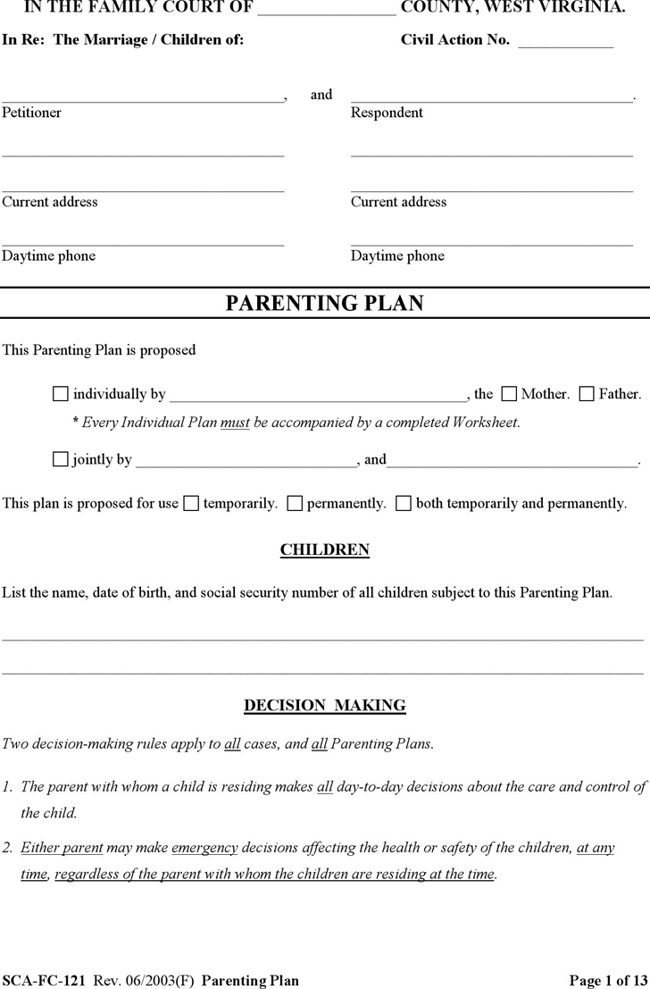 West Virginia Family Court Parenting Plan Form