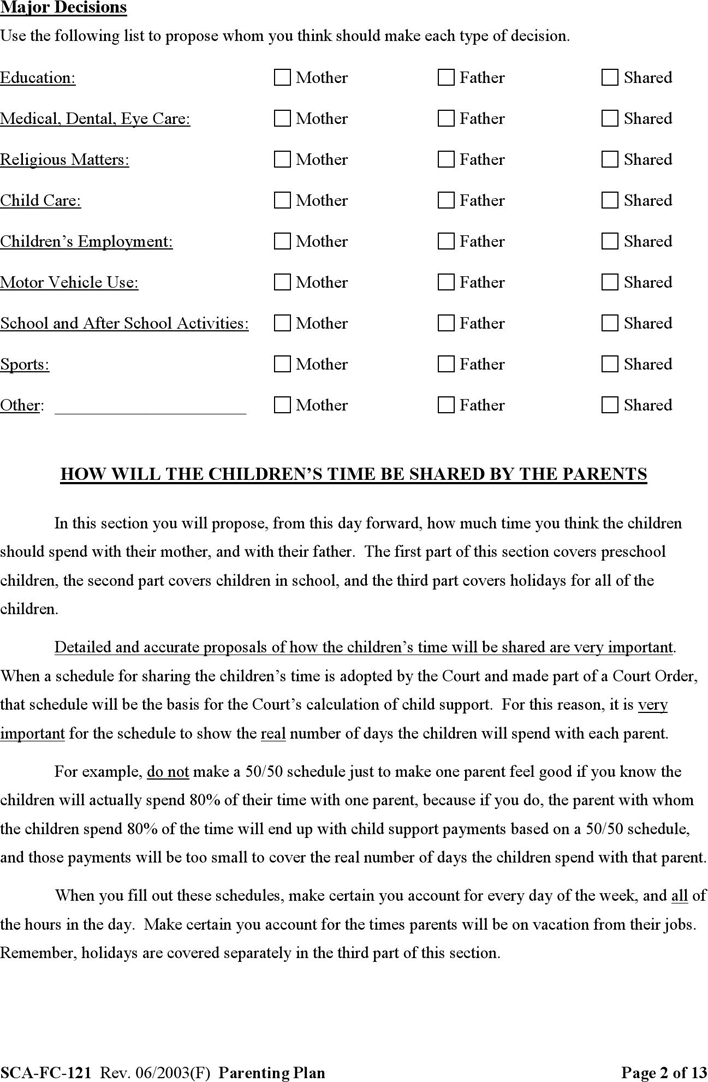 West Virginia Family Court Parenting Plan Form Page 2