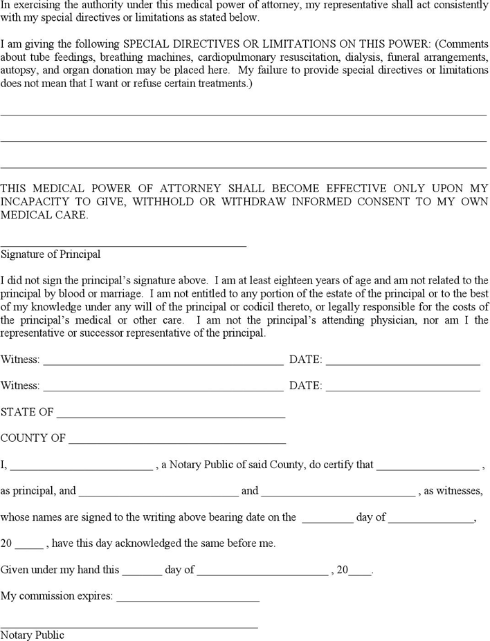 West Virginia Health Care Power of Attorney Form Page 2