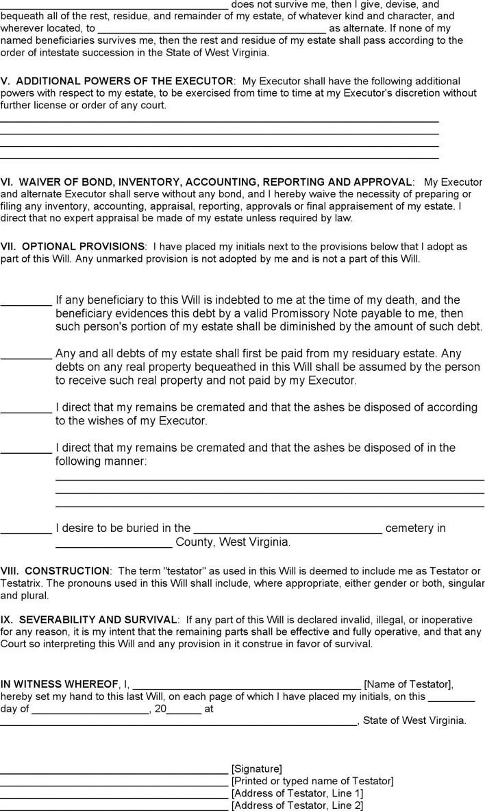 West Virginia Last Will and Testament Form Page 2