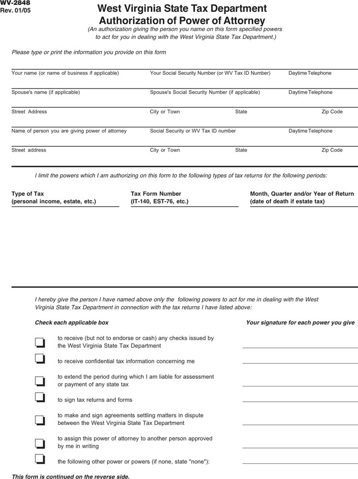 Free West Virginia Tax Power of Attorney Form - PDF | 19KB | 2 Page(s)