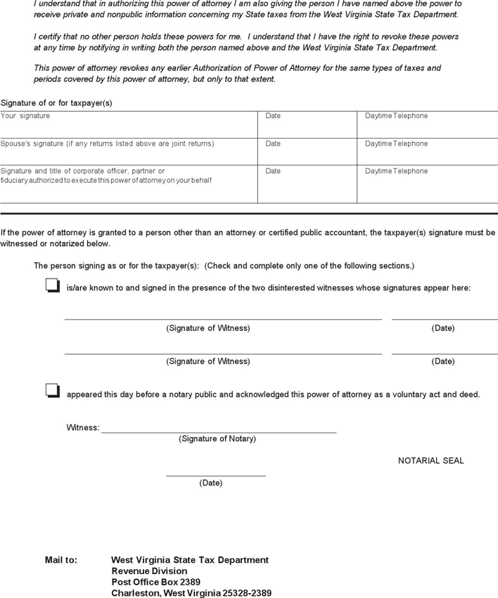 West Virginia Tax Power of Attorney Form Page 2