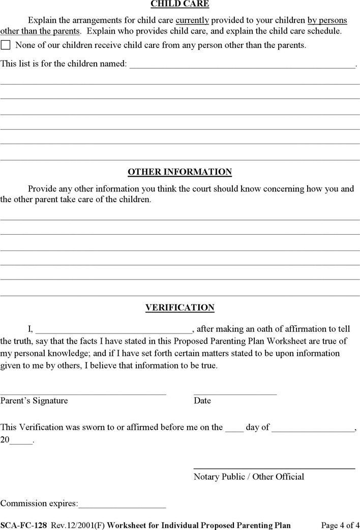 West Virginia Worksheet for Individual Proposed Parenting Plan Page 4