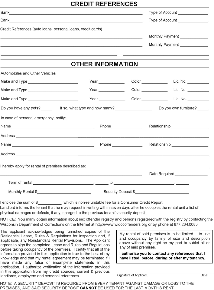 Wisconsin Rental Application Form Page 2