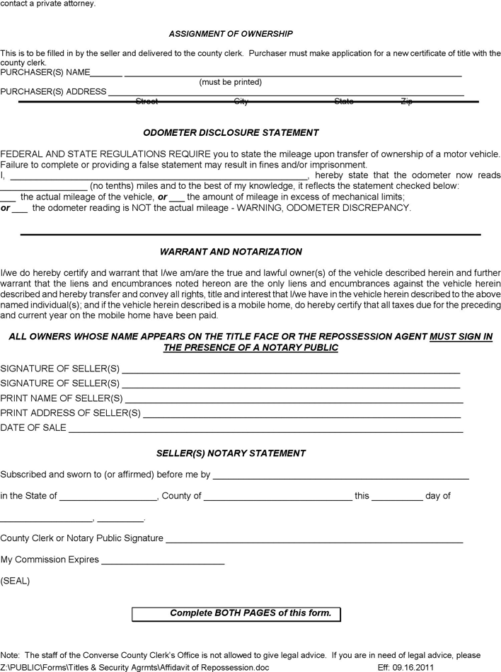 Wyoming Affidavit of Repossession Form Page 2