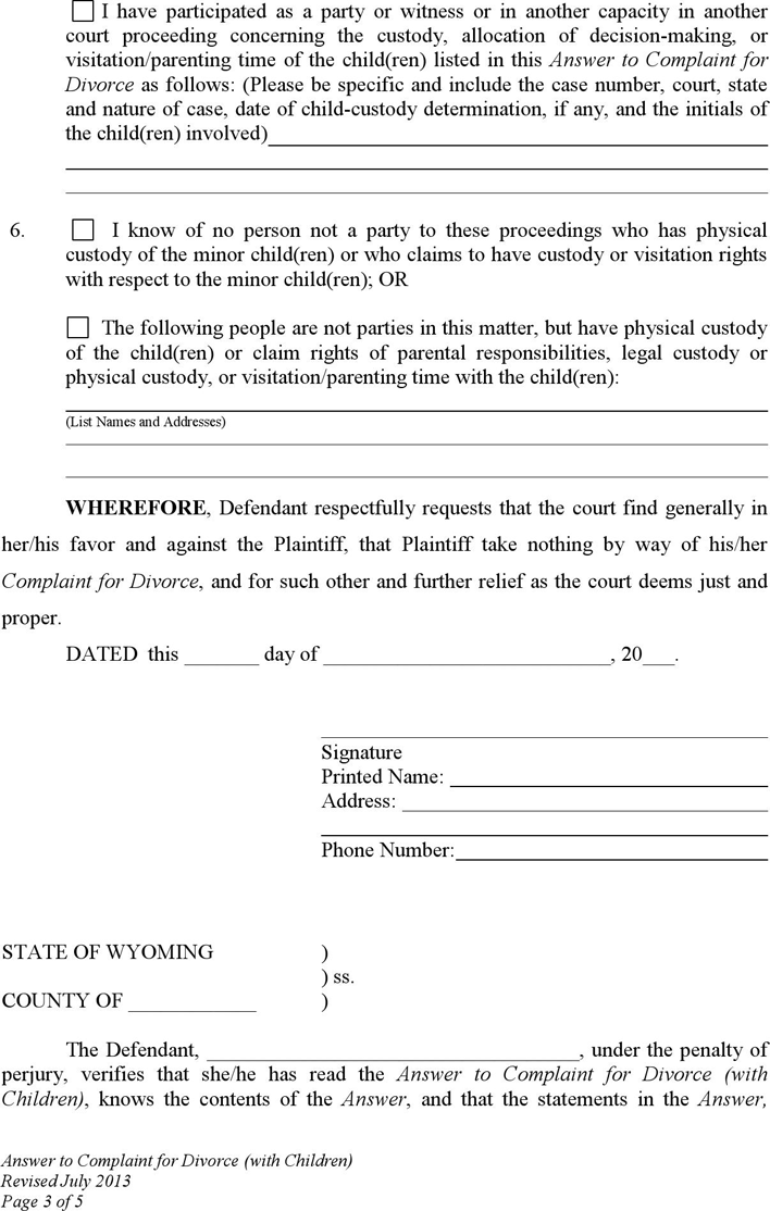Wyoming Answer to Complaint for Divorce with Children Form Page 3