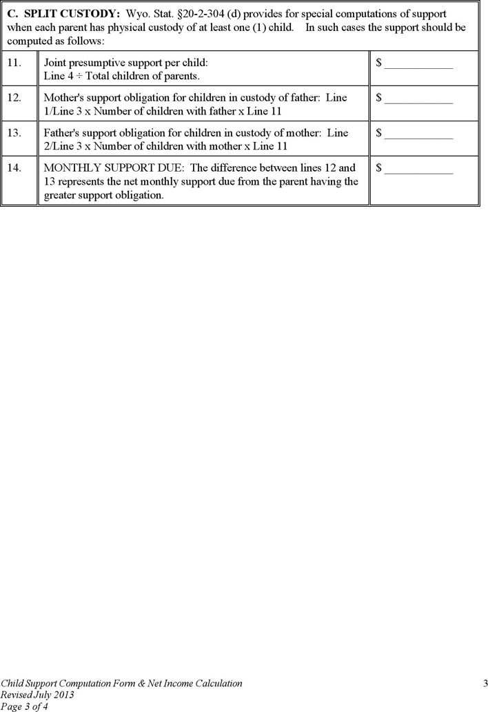 Wyoming Child Support Computation Form & Net Income Calculation Form Page 3