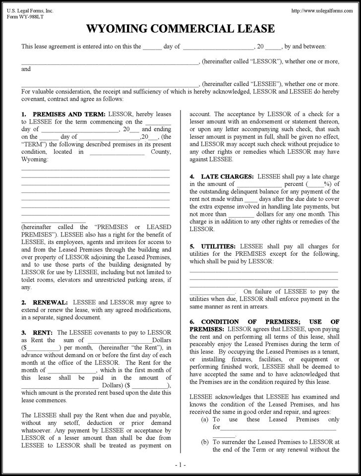 Wyoming Commercial Lease Form