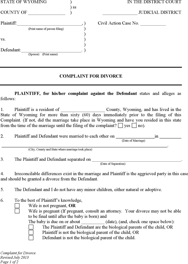 Wyoming Complaint for Divorce (No Children) Form