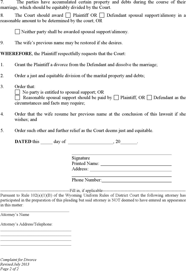 Wyoming Complaint for Divorce (No Children) Form Page 2