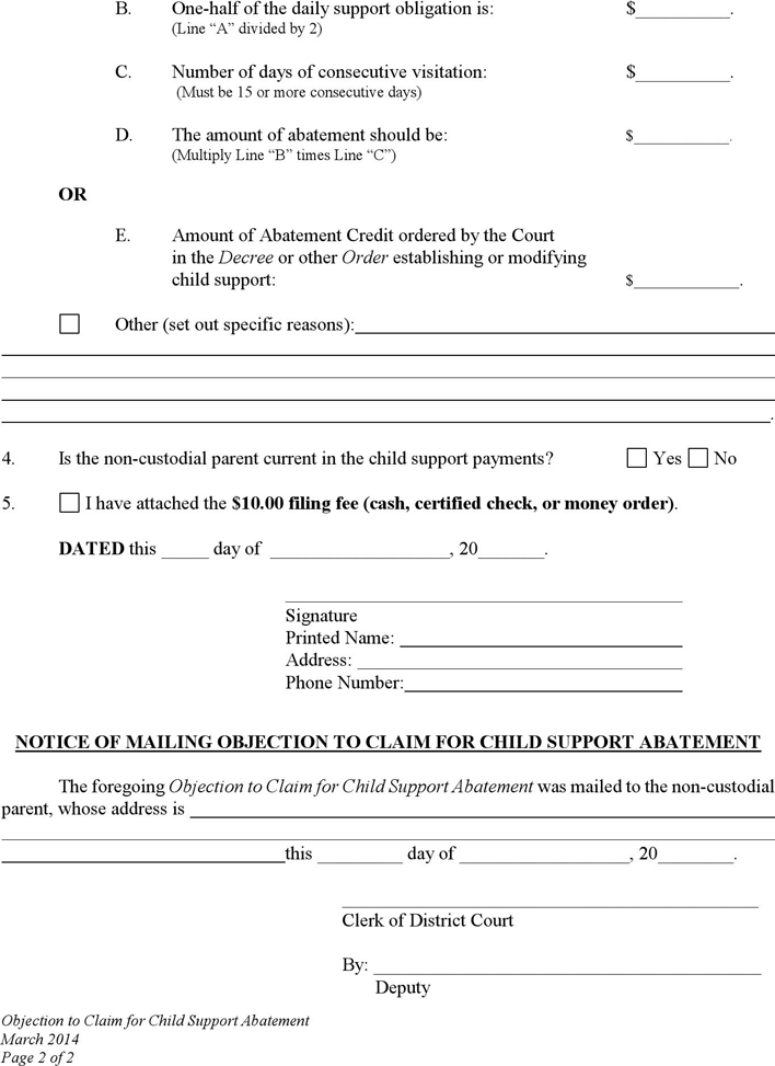 Wyoming Objection to Claim for Child Support Abatement Form Page 2