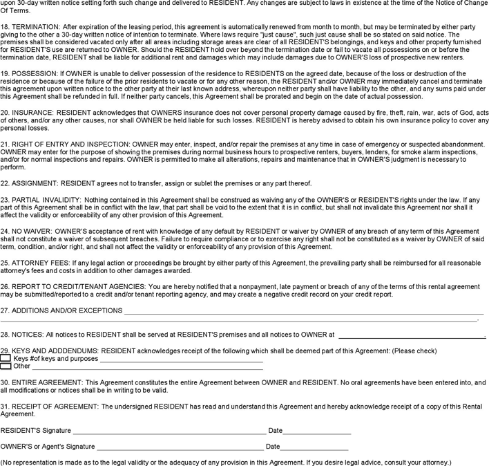 Wyoming Residential Lease Agreement Page 2
